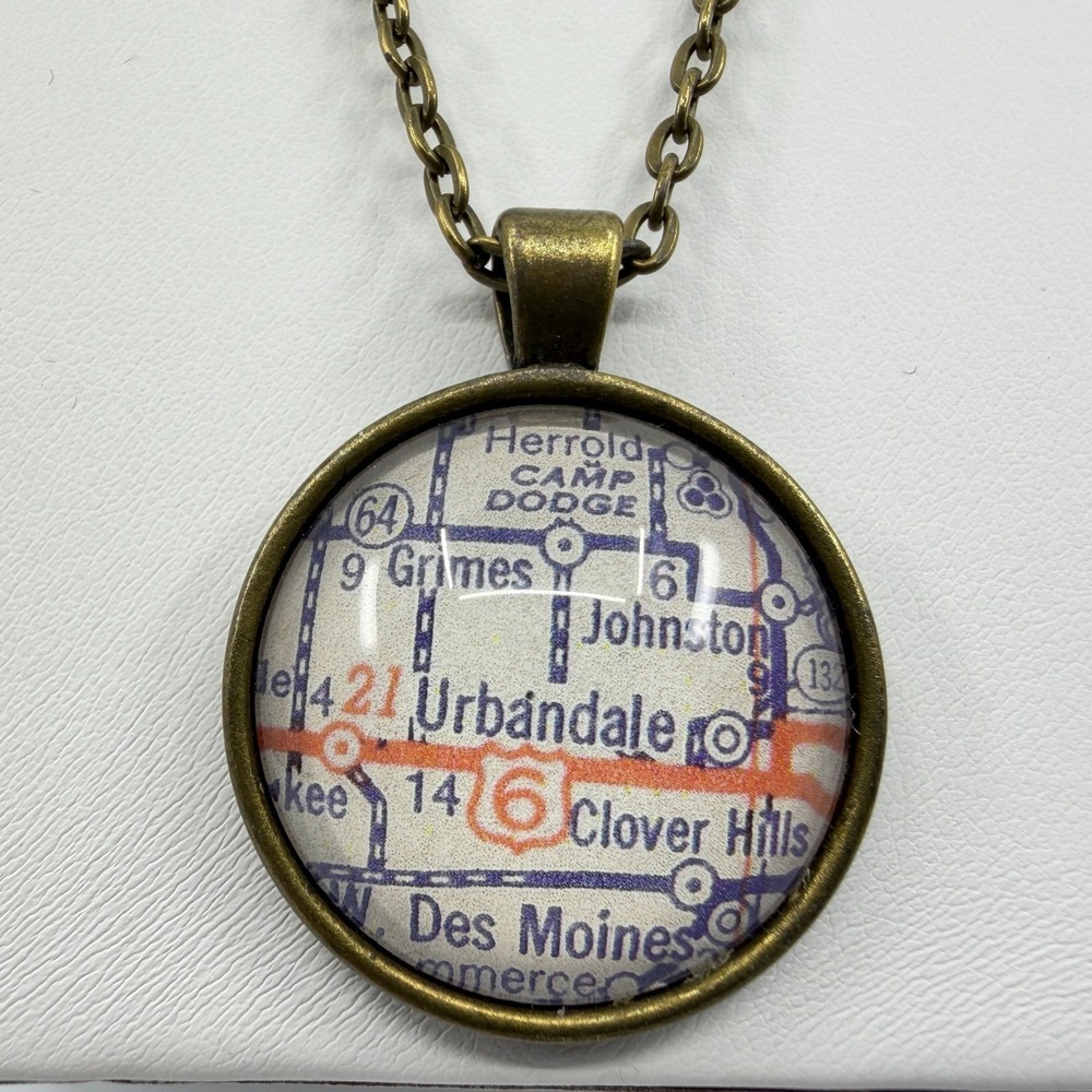 Y2K Unique Map Pendant Necklace Des Moines Iowa Cartography Jewelry Gift Idea